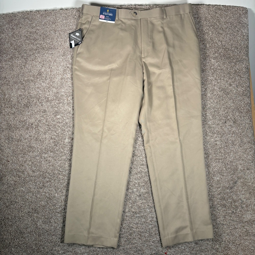 Stafford Travel Mens Khaki Performance Microfiber Flat Front Pants 40x30 NEW